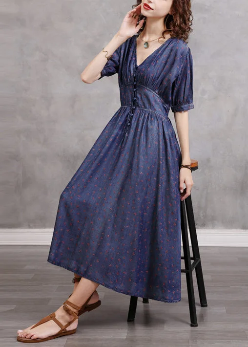 Modern Navy V Neck button elastic waist Cotton Party Dress Short Sleeve Off-the-shoulder Chic Trendy