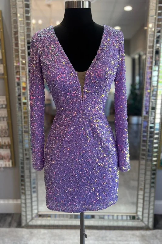 Sabine | Purple Sequin Lace-Up Short Party Dress with Long Sleeves