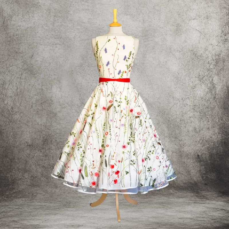 Retro 1950s Tea Length Party Dress with Color Embroideries DV3032