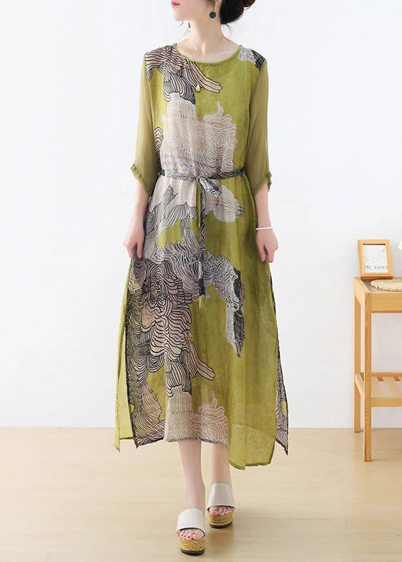 Slim Fit Green O-Neck Side Open Tunic Print Linen Party Dress Half Sleeve Tunics Chinos classic