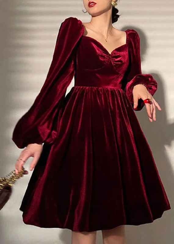 Solid Mulberry Velour Vestidos Party Dress V Neck Lantern Sleeve Tunics Distressed trendy