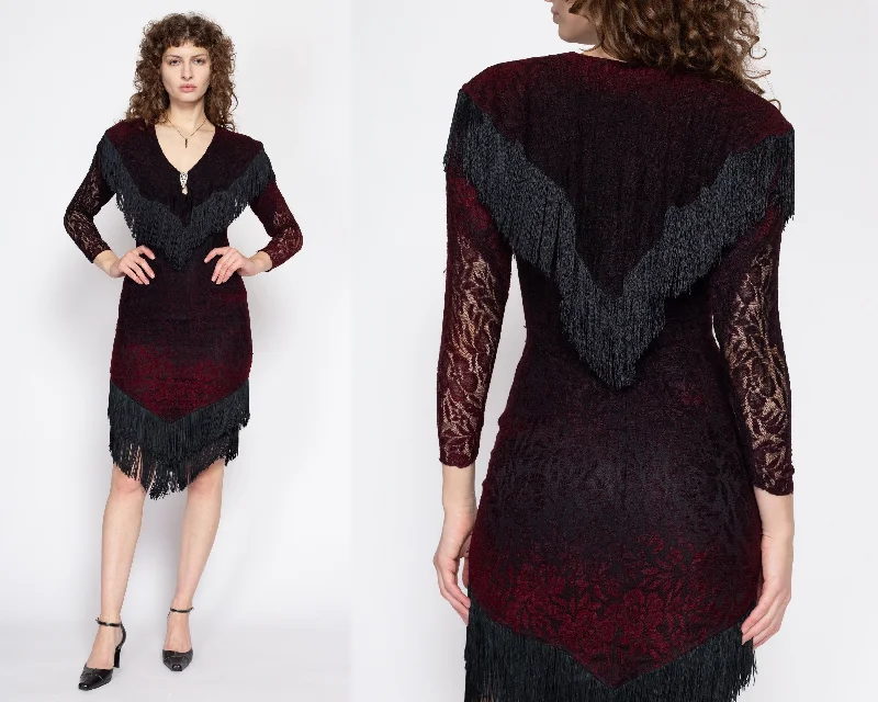 XS 80s Climax By Karen Okada Red & Black Lace Fringe Party Dress