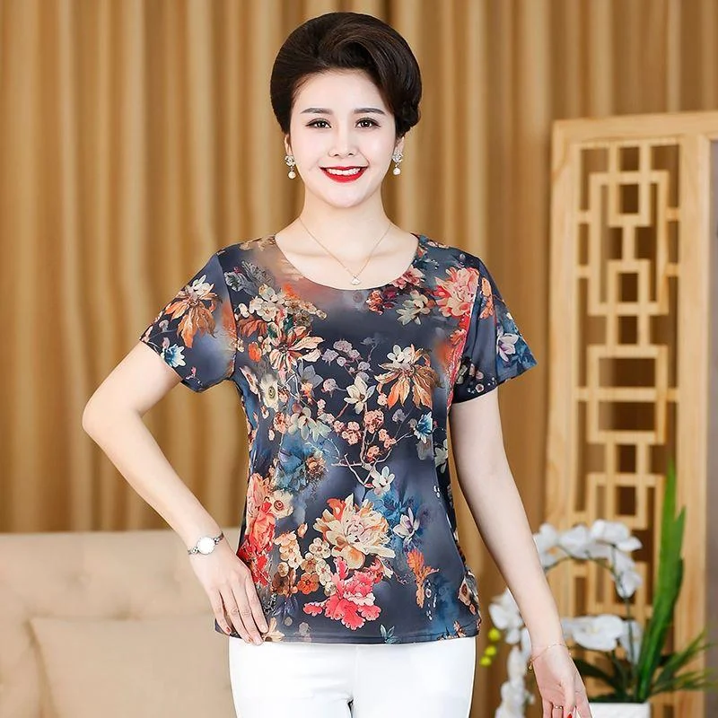 Summer Ice Silk Short-sleeved T-shirt Women's Printed Bottoming Shirt Floral Tops Daily Casual Loose T-shirt Fabric Smooth Light and Breathable Satin Blend Silk Blend Wool Blend