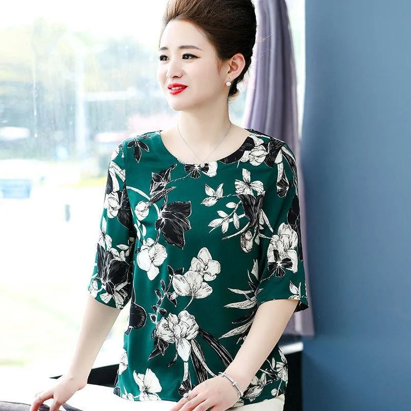 Summer Ice Silk T-shirt Large Size Loose Belly Cover Top Round Neck Short-sleeved Loose Casual Printing T-shirt Women's Casual Top Print Jacquard Patchwork