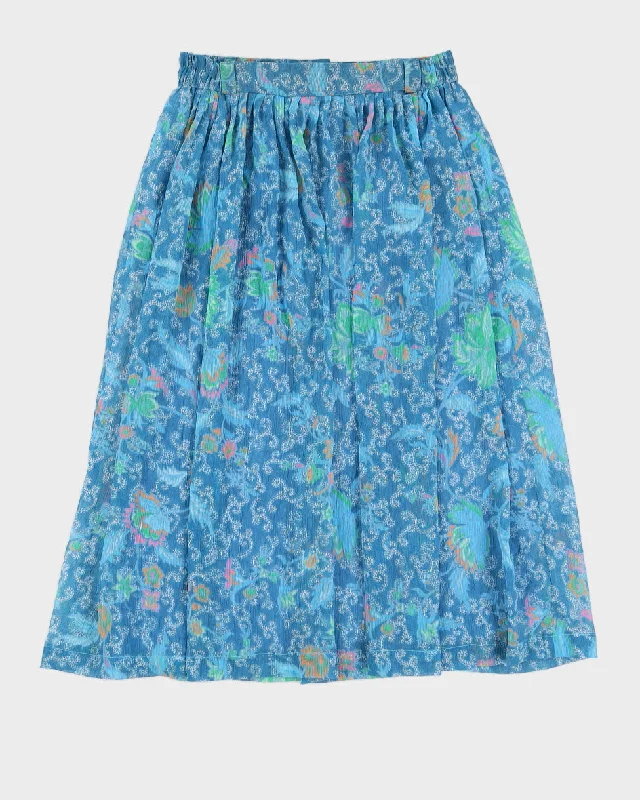 00s Blue Patterned Midi Skirt - S denim skirt trendy