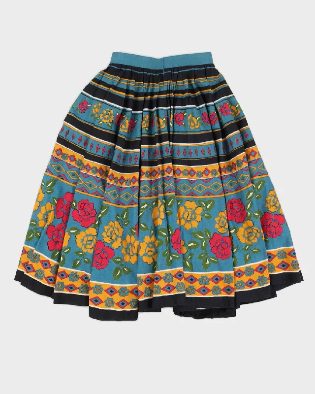 Blue Patterned Pleated Flared Skirt - XS silk skirt elegant