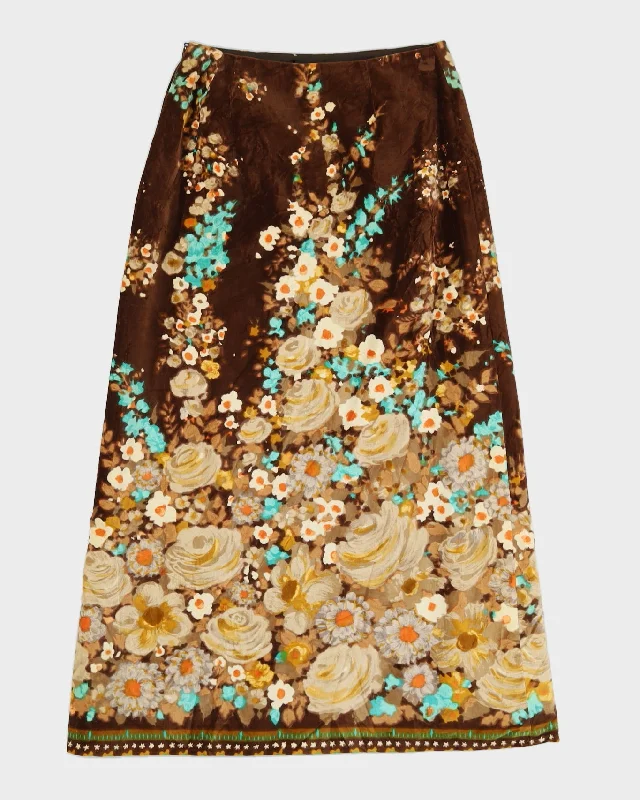 Vintage 1970s Floral Velvet Maxi Skirt - S linen skirt natural