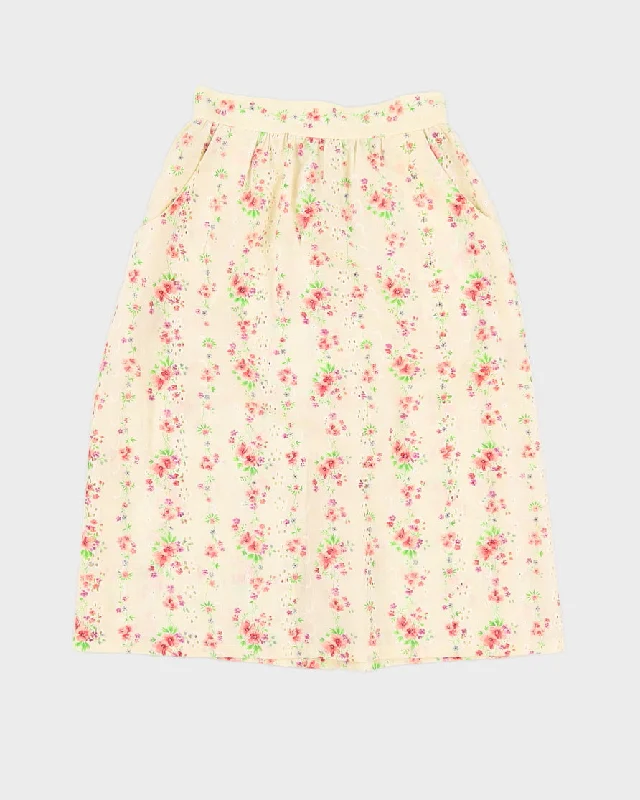 Vintage 1980s Yellow Floral Midi Skirt - XS lace skirt feminine