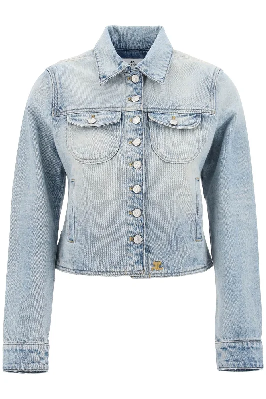 Denim Trucker Jacket For  - Light Blue A-Line Jacket Boat Neck Shawl Collar