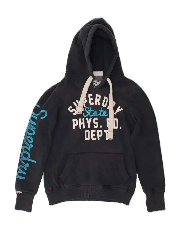 SUPERDRY Womens Graphic Hoodie Jumper UK 10 Small Navy Blue Hoodie with Toggle Buttons Decorative Unique