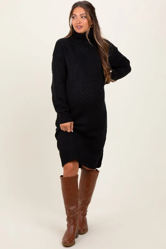 Black Turtleneck Side Slit Maternity Midi Sweater Dress Lace Blend Ribbed Blend Corduroy Blend