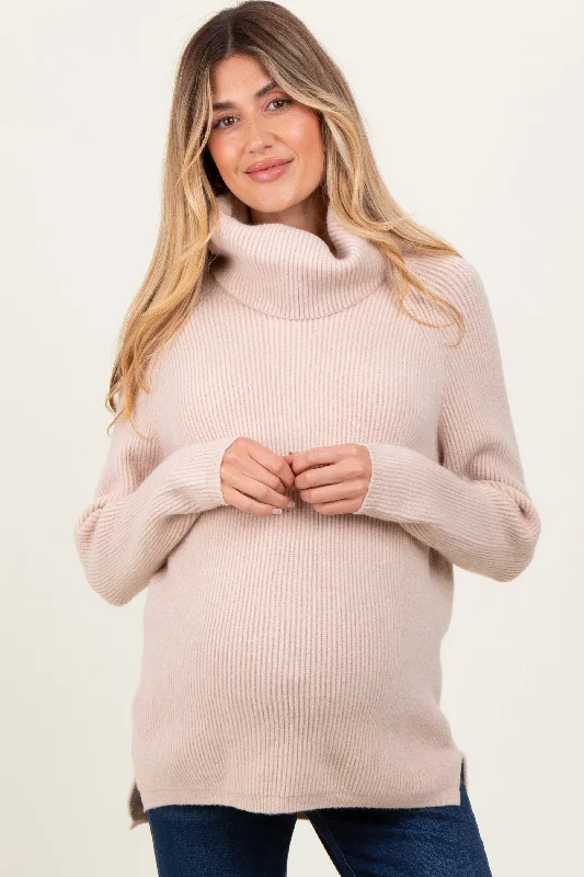 Beige Basic Ribbed Turtle Neck Maternity Sweater Houndstooth Herringbone Solid