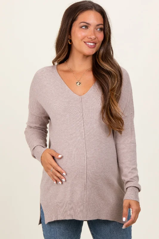 Beige Front Seam V-Neck Side Slit Maternity Sweater Terry Terry Cloth Terry Knit