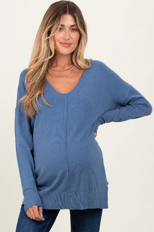 Blue Front Seam V-Neck Side Slit Maternity Sweater Jersey Fabric Tulle Fabric Batik Fabric
