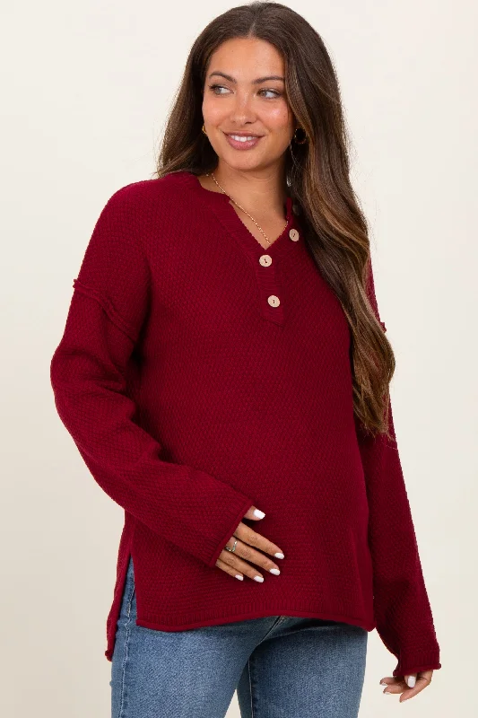 Burgundy Diamond Knit Button Detail Maternity Sweater Open Front Closed Front Wrap Front