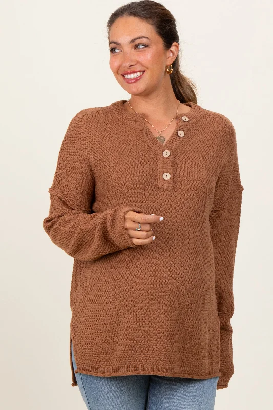 Camel Diamond Knit Button Detail Maternity Sweater Solid Color Striped Floral Print