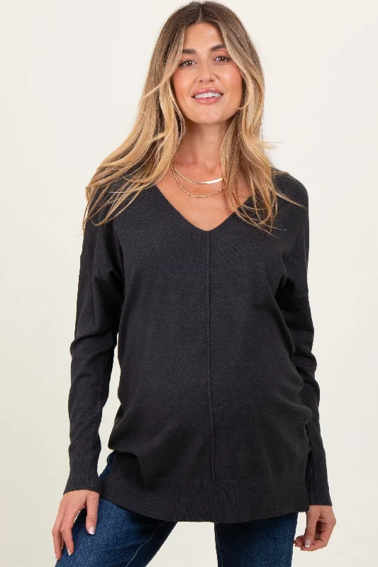Charcoal Front Seam V-Neck Side Slit Maternity Sweater Long Sweater Short Sweater Cropped Sweater Charcoal Front Seam V-Neck Side Slit Maternity Sweater Long Sweater Short Sweater Cropped Sweater