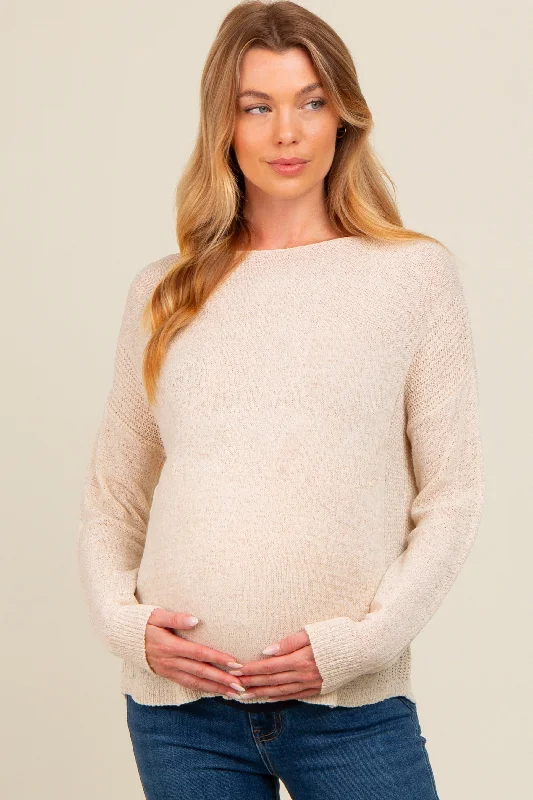 Cream Contrast Knit Panel Maternity Sweater Soft Cozy Warm
