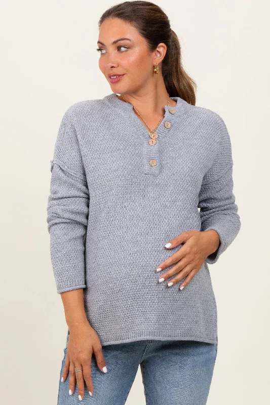 Heather Grey Diamond Knit Button Detail Maternity Sweater Spandex Rayon Corduroy