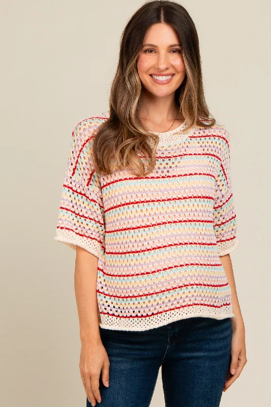 Multi Color Stripe Crochet Sweater Knit Maternity Top Machine Wash Dry Clean Hand Wash