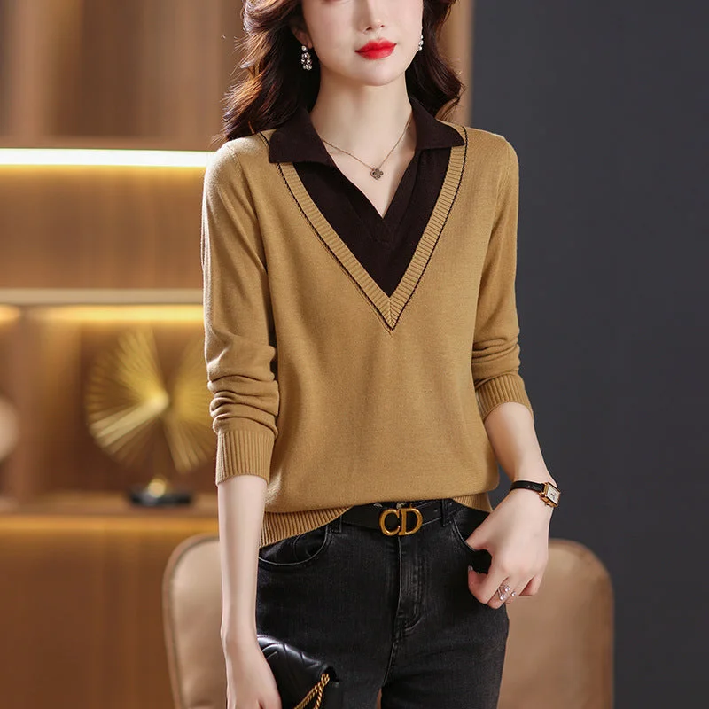 NiDELL Early Autumn Fake Two-Piece Top Women's Autumn Clothing New Beautiful Sweater Lapel Western Style Color Matching Sweater Bottoming Shirt Spring and Autumn Fleece Sweater Nylon Polyester NiDELL Early Autumn Fake Two-Piece Top Women's Autumn Clothing New Beautiful Sweater Lapel Western Style Color Matching Sweater Bottoming Shirt Spring and Autumn Fleece Sweater Nylon Polyester