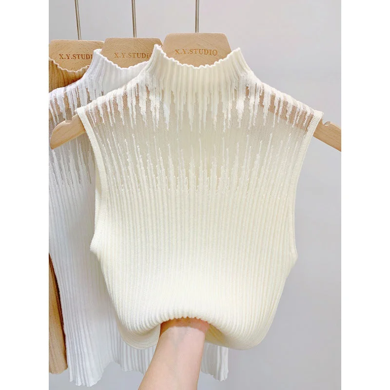 NiDELL Wholesale Hollow Vest for Women Inner Bottoming Shirt . Spring and Summer New Half Turtleneck Sweater Sleeveless Top for Women Fitted Slim Tailored