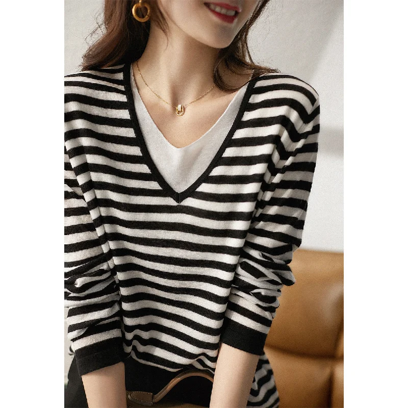 NiDELL Women's Clothing . Autumn and Winter New Korean Style Sweater Style Temperament Stacked Style Contrast Color Striped Sweater Long Sleeve Top Sweater Knitwear Pullover NiDELL Women's Clothing . Autumn and Winter New Korean Style Sweater Style Temperament Stacked Style Contrast Color Striped Sweater Long Sleeve Top Sweater Knitwear Pullover