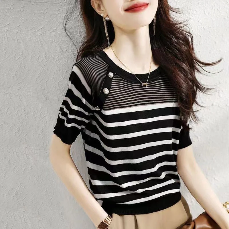 NiDELL Women's Short-Sleeved Striped Sweater Summer New Korean Style Elegant Slimming Youthful-Looking Small Shirt Show round Neck Ice Silk Top Clothes Seamless Knitted Crochet NiDELL Women's Short-Sleeved Striped Sweater Summer New Korean Style Elegant Slimming Youthful-Looking Small Shirt Show round Neck Ice Silk Top Clothes Seamless Knitted Crochet