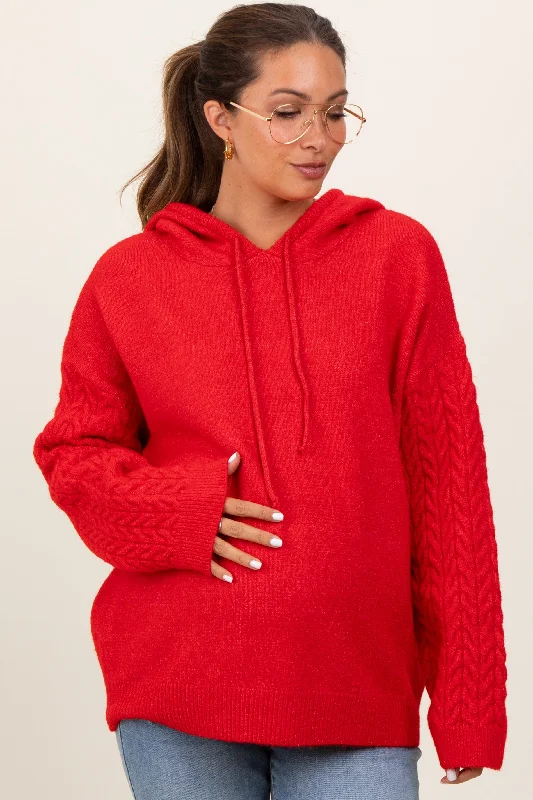 Red Mixed Knit Maternity Hooded Sweater Thin Thick Dense