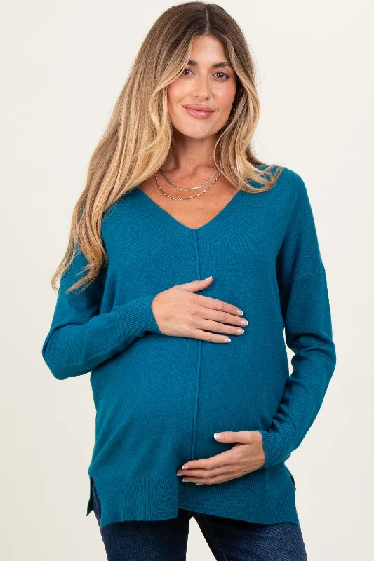 Teal Front Seam V-Neck Side Slit Maternity Sweater Fleece Fabric Down Fabric Feather Fabric