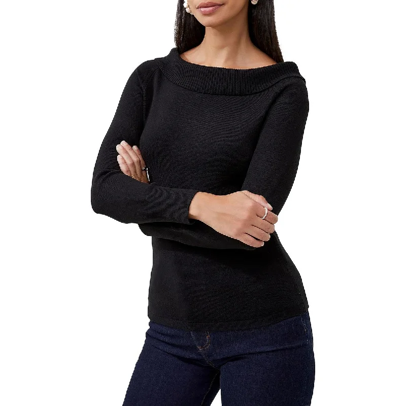French Connection Womens Off Shoulder Ribbed Pullover Sweater Asymmetrical Neck Pullover